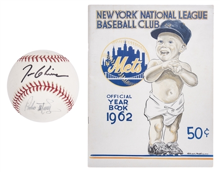 Lot of (2) New York Mets Items Including a Tom Glavine & Pedro Martinez Dual Signed OML Selig Baseball and 1962 Mets Official Year Book (PSA/DNA)